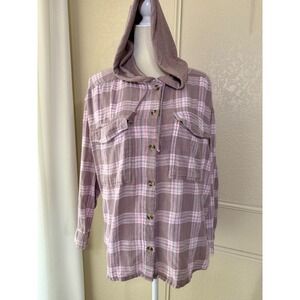 SO Mauve Pink Plaid Hooded Flannel Shirt Button Down Long Sleeve Large